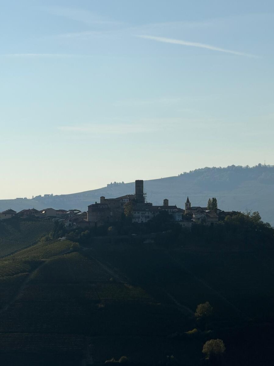 A Langhe hilltop village and its tower above the vineyards at dusk