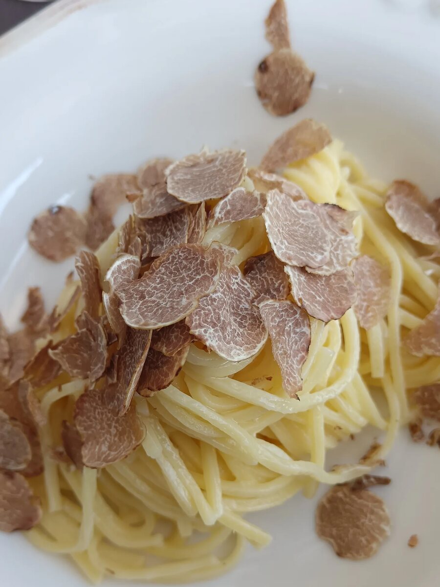 Fresh white truffle shaved over pasta in the Langhe