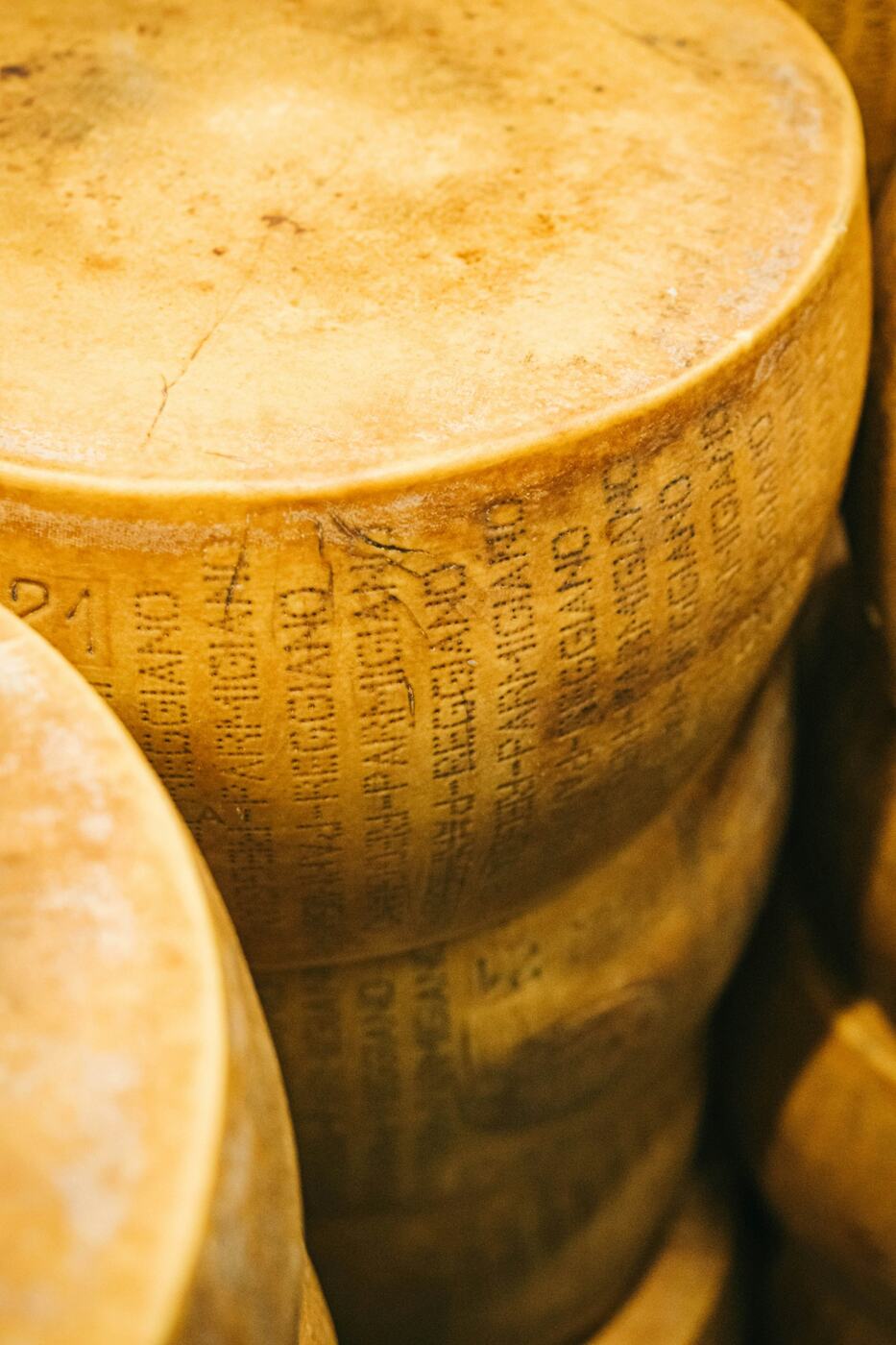 Wheels of Parmigiano Reggiano with the dotted rind that certifies them