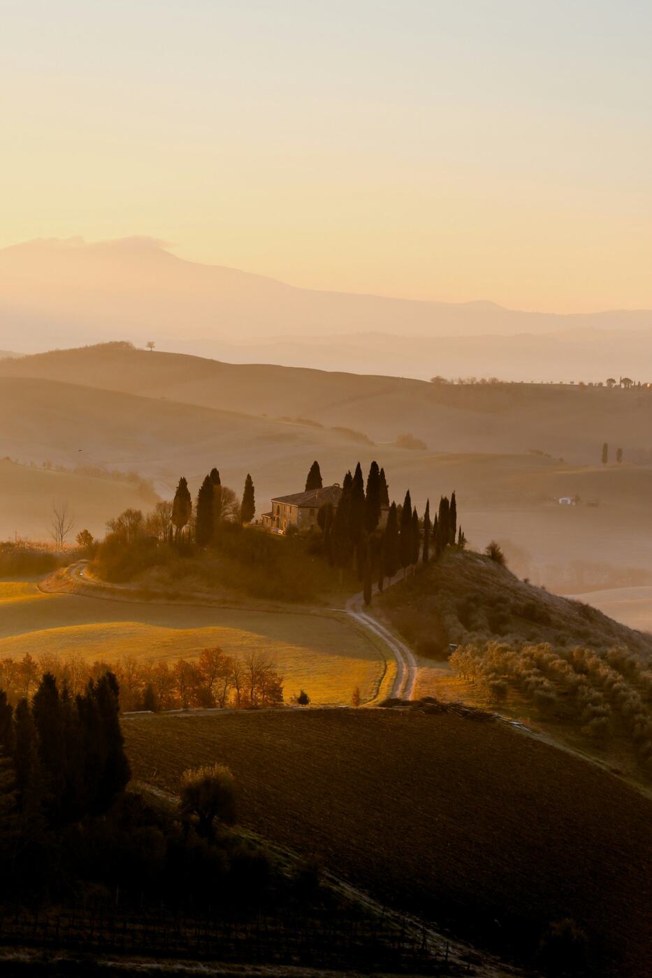 Dawn mist over the Val d'Orcia hills